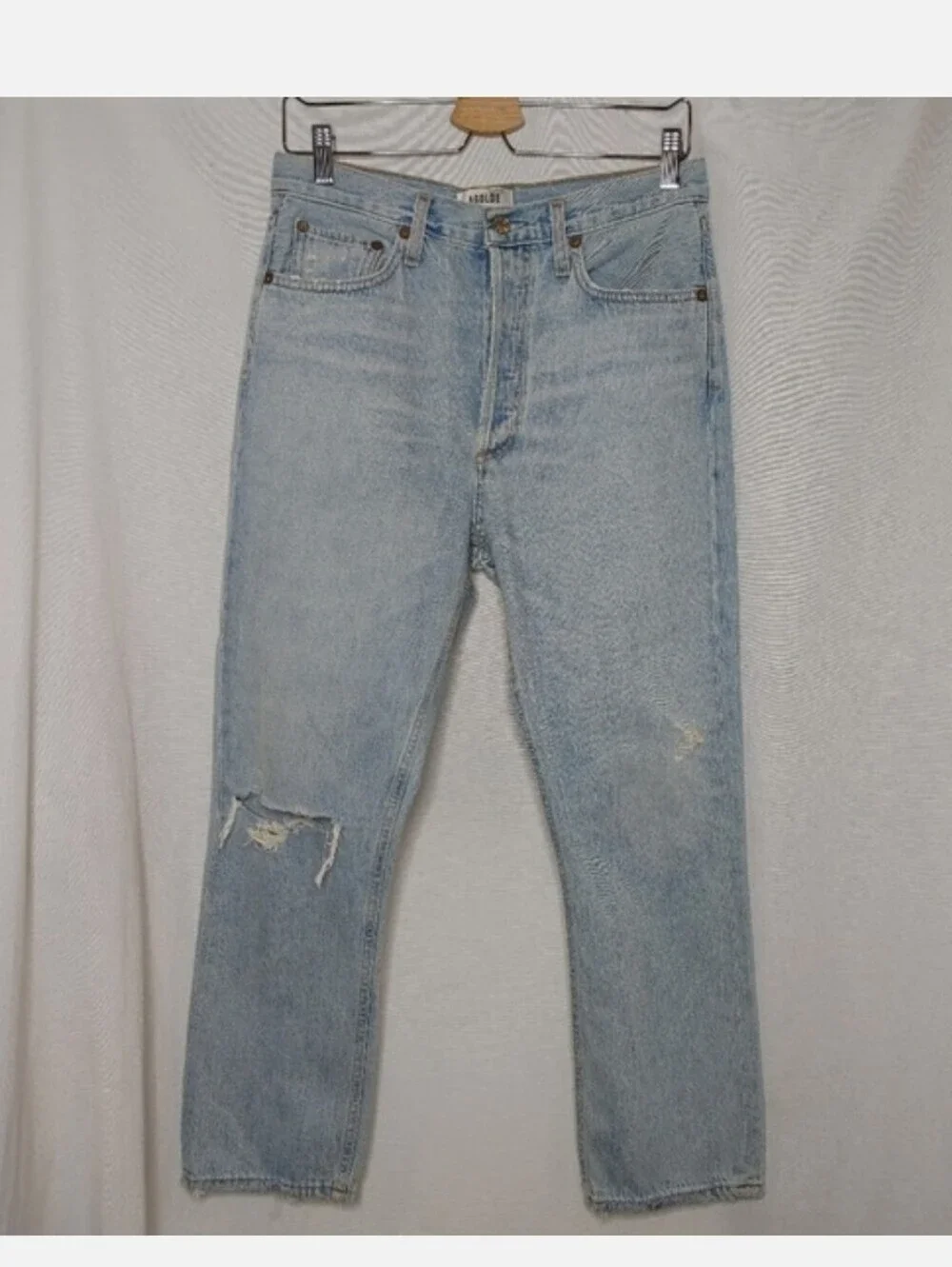 AGOLDE Light Blue High-Rise Straight-Leg Jeans with Knee Distress